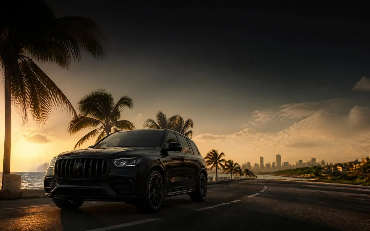 Dark SUV on a palm-lined road at sunset